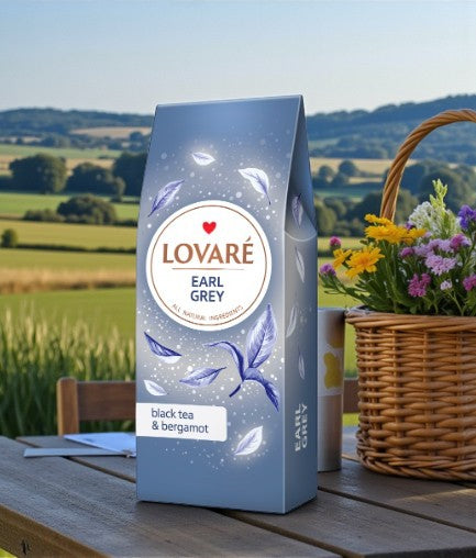 Lovaré Earl Grey loose leaf tea in cardboard packaging 80g